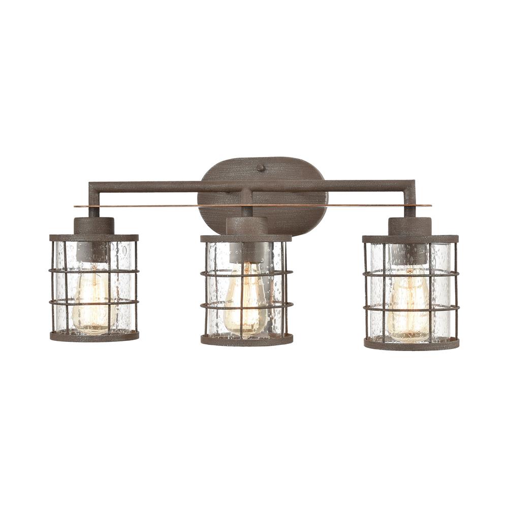 ELK Lighting 18365/3 Gilbert 3-Light Vanity Light in Rusted Coffee and Light Wood with Seedy Glass