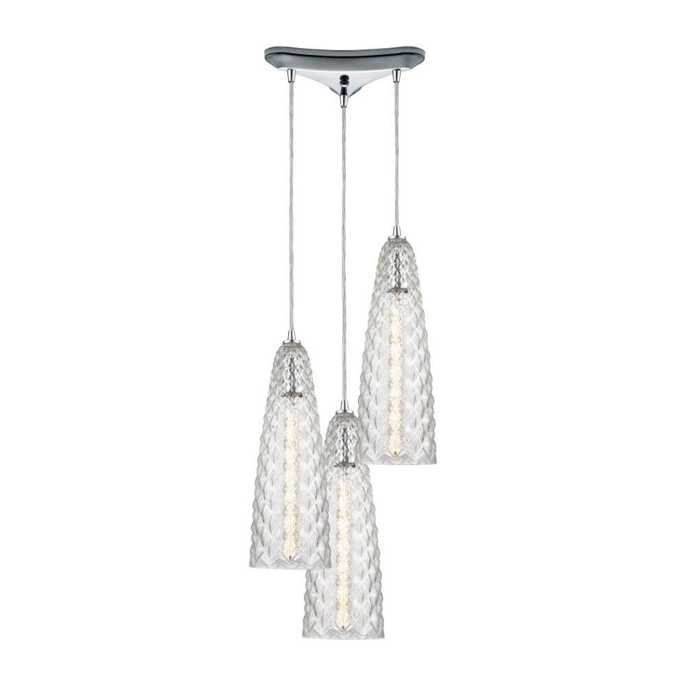 Elk Lighting 21167/3 Glitzy 3-Light Triangular Mini Pendant Fixture in Polished Chrome with Clear Glass