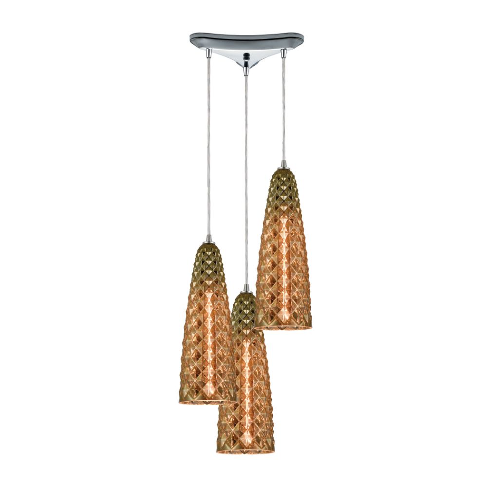 Elk Lighting 21168/3 Glitzy 3-Light Pendant in Polished Chrome with Golden Bronze Plated Glass