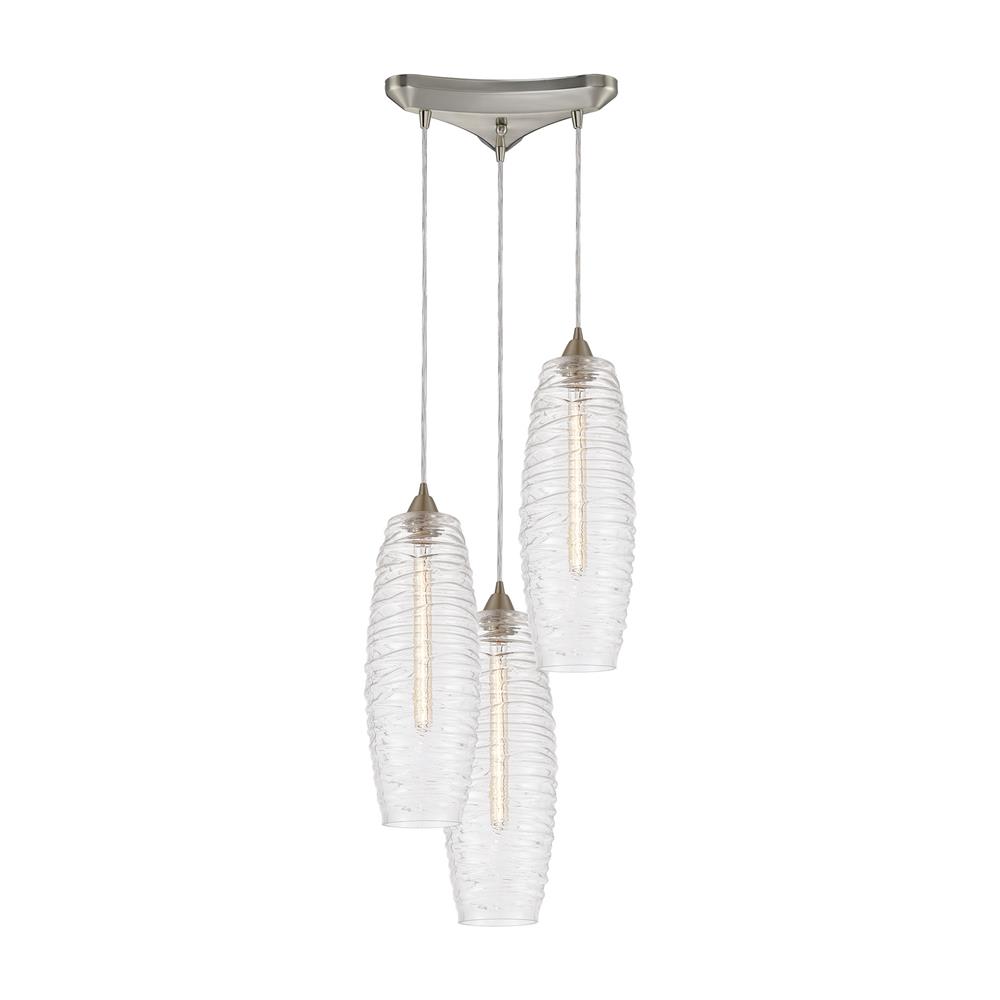 Elk Lighting 21192/3 Liz 3-Light Pendant in Satin Nickel with Clear Glass with Ribbed Swirls