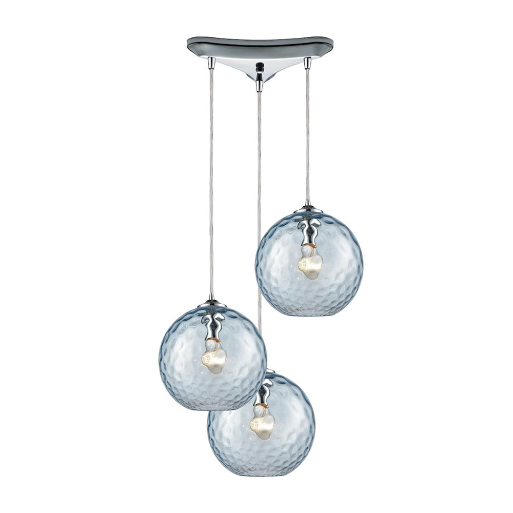 ELK Lighting 31380/3AQ Watersphere 3 Light Triangle Pan Fixture In Polished Chrome With Aqua Hammered Glass