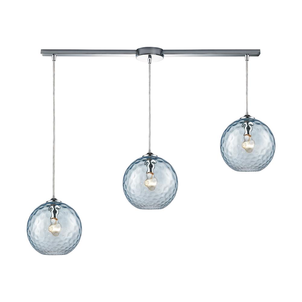 ELK Lighting 31380/3L-AQ Watersphere 3 Light Linear Bar Fixture In Polished Chrome With Aqua Hammered Glass