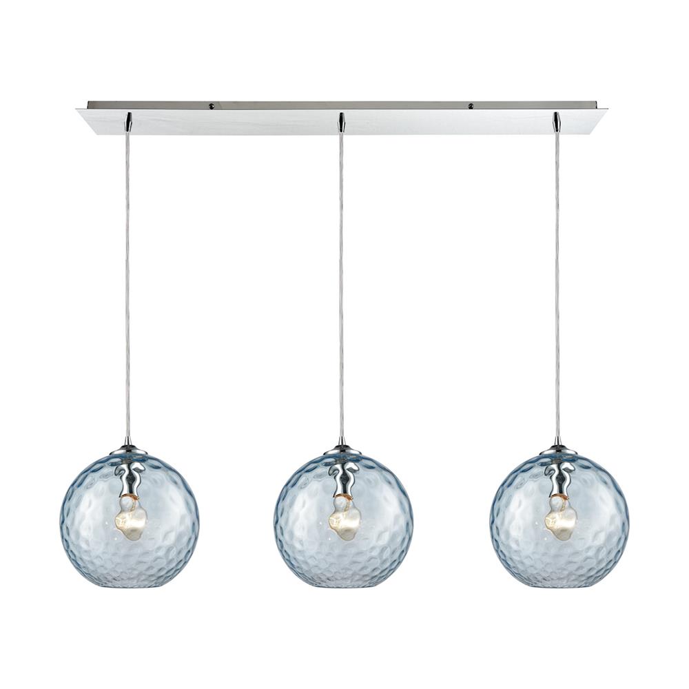 ELK Lighting 31380/3LP-AQ Watersphere 3 Light Linear Pan Fixture In Polished Chrome With Aqua Hammered Glass