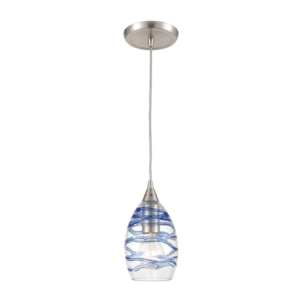 Elk Lighting 31742/1 Vines 1-Light Mini Pendant in Satin Nickel with Clear Glass with Blue Strip