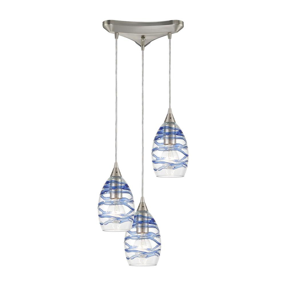 ELK Lighting 31742/3 Vines 3-Light Pendant in Satin Nickel with Clear Glass with Aqua Blue Strip