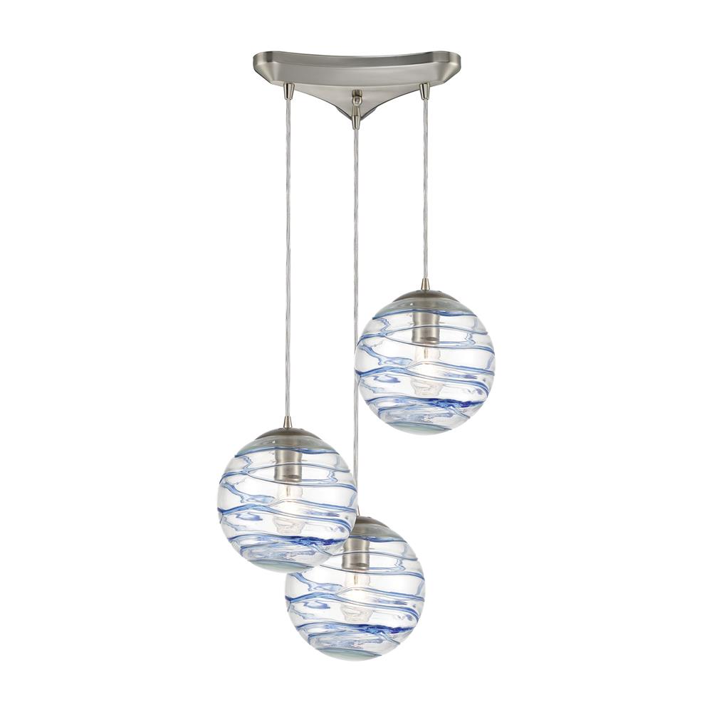 Elk Lighting 31743/3 Vines 3-Light Pendant in Satin Nickel with Clear Glass with Aqua Blue Strip