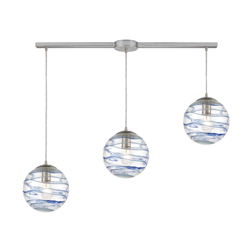 Elk Lighting 31743/3L Vines 3-Light Pendant in Satin Nickel with Clear Glass with Aqua Blue Strip