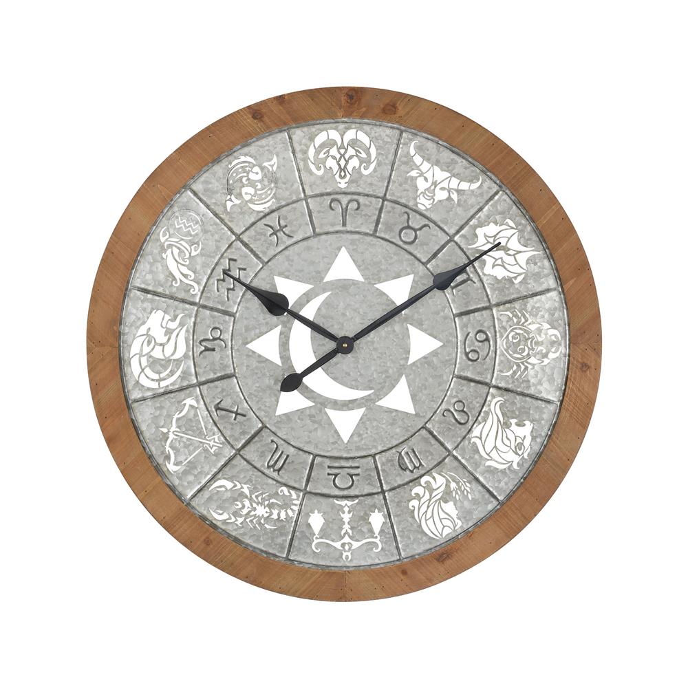 Elk Home 3214-1031 Astronomicon Wall Clock in Galvanized Steel; Natural Wood