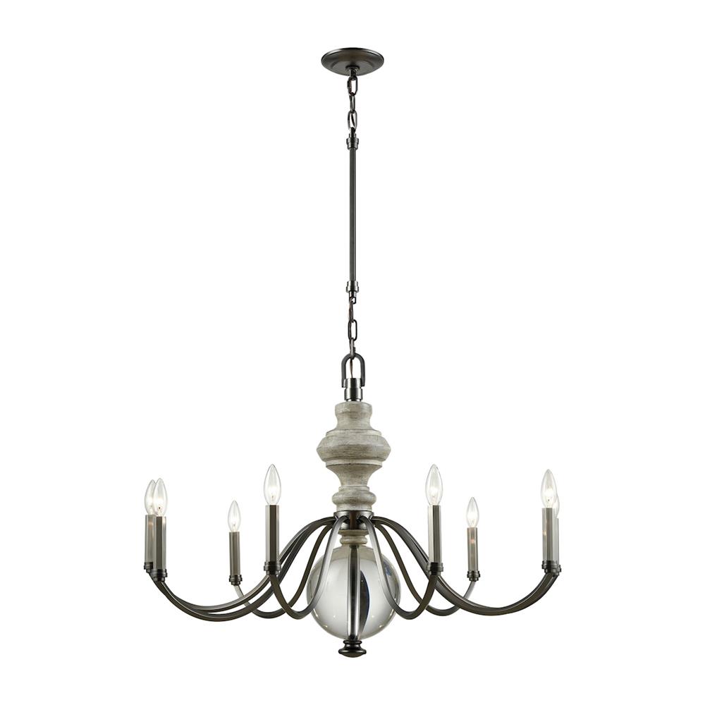 ELK Lighting 32314/9 Neo Classica 9 Light Chandelier In Aged Black Nickel With Weathered Birch Finished Wood And Clear Crystal Ball