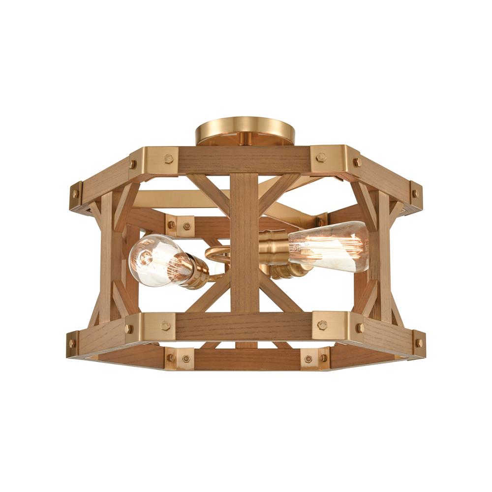 ELK Lighting 33331/3 Structure 3-Light Semi Flush in Satin Brass and Medium Oak