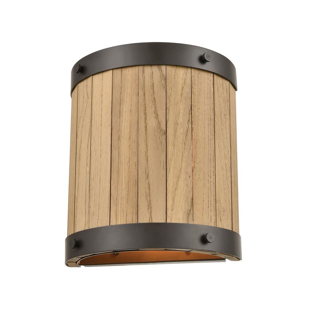 ELK Lighting 33360/2 Wooden Barrel 2-Light Sconce in Oil Rubbed Bronze with Slatted Wood Shade in Natural