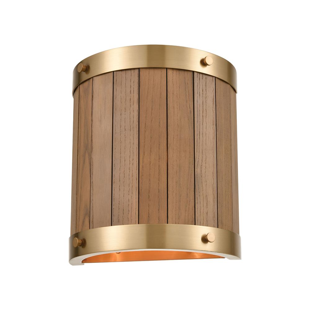 ELK Lighting 33370/2 Wooden Barrel 2-Light Sconce in Satin Brass with Slatted Wood Shade in Medium Oak