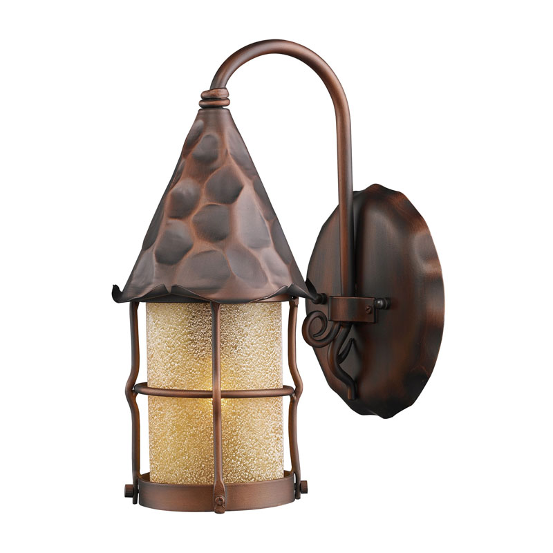 ELK Lighting 381-AC Rustica 1-Light Outdoor Sconce In Antique Copper With Amber Scavo Glass