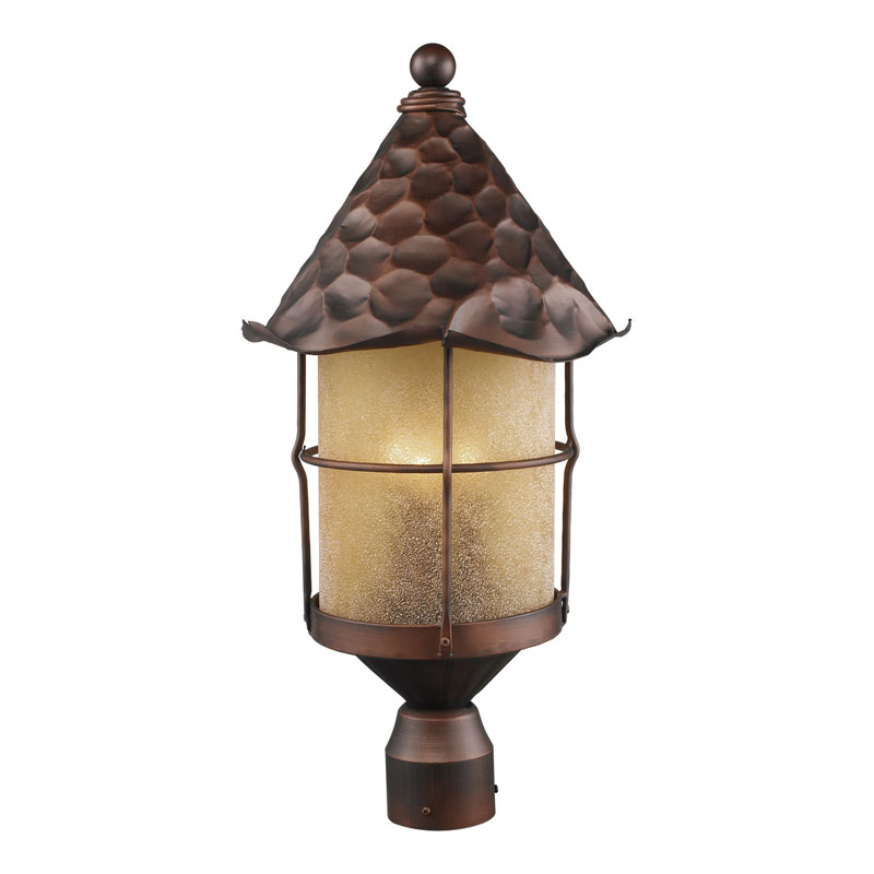 ELK Lighting 389-AC Rustica 3-Light Outdoor Post Light In Antique Copper With Amber Scavo Glass