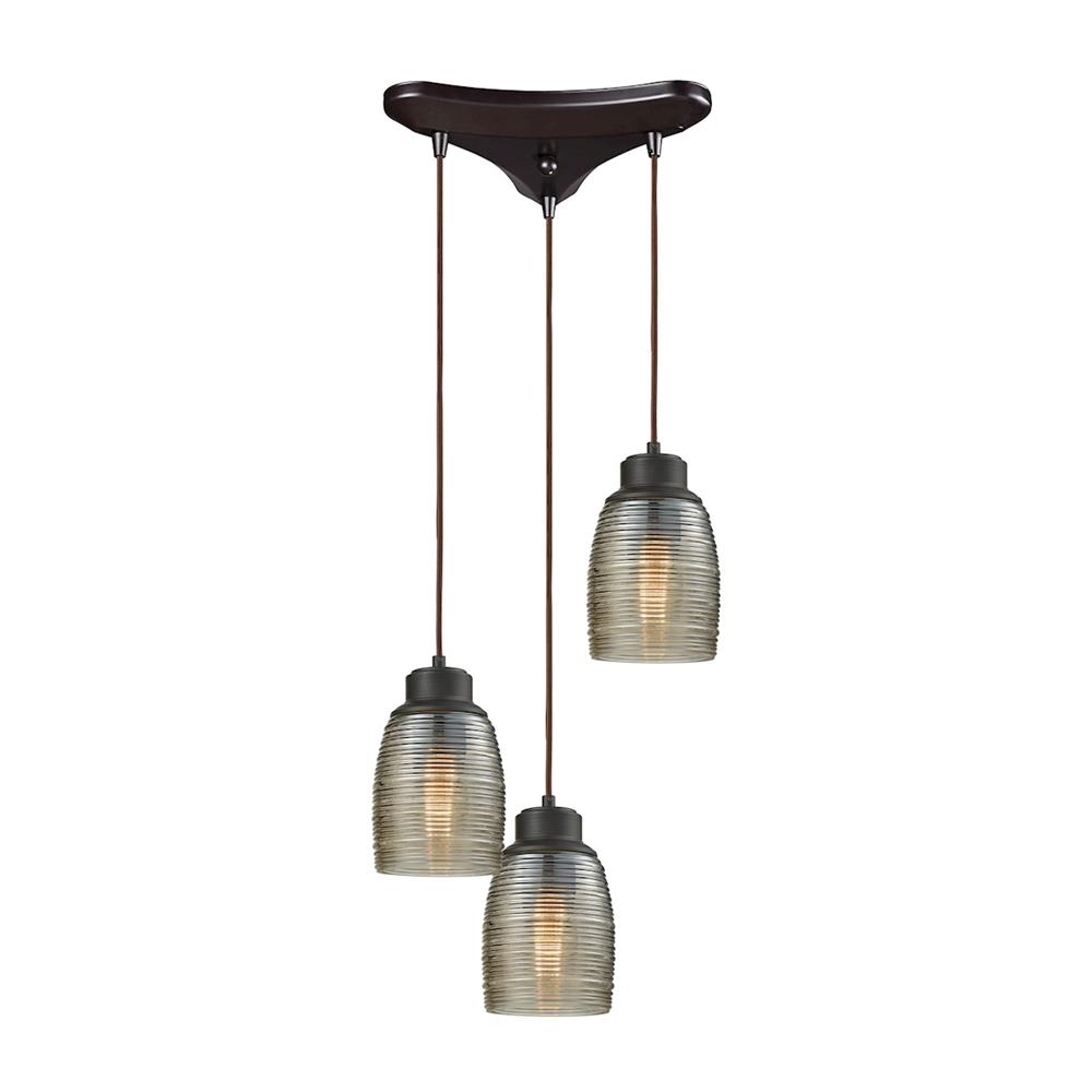 ELK Lighting 46216/3 Muncie 3 Light Triangle Pan Pendant In Oil Rubbed Bronze With Champagne Plated Spun Glass