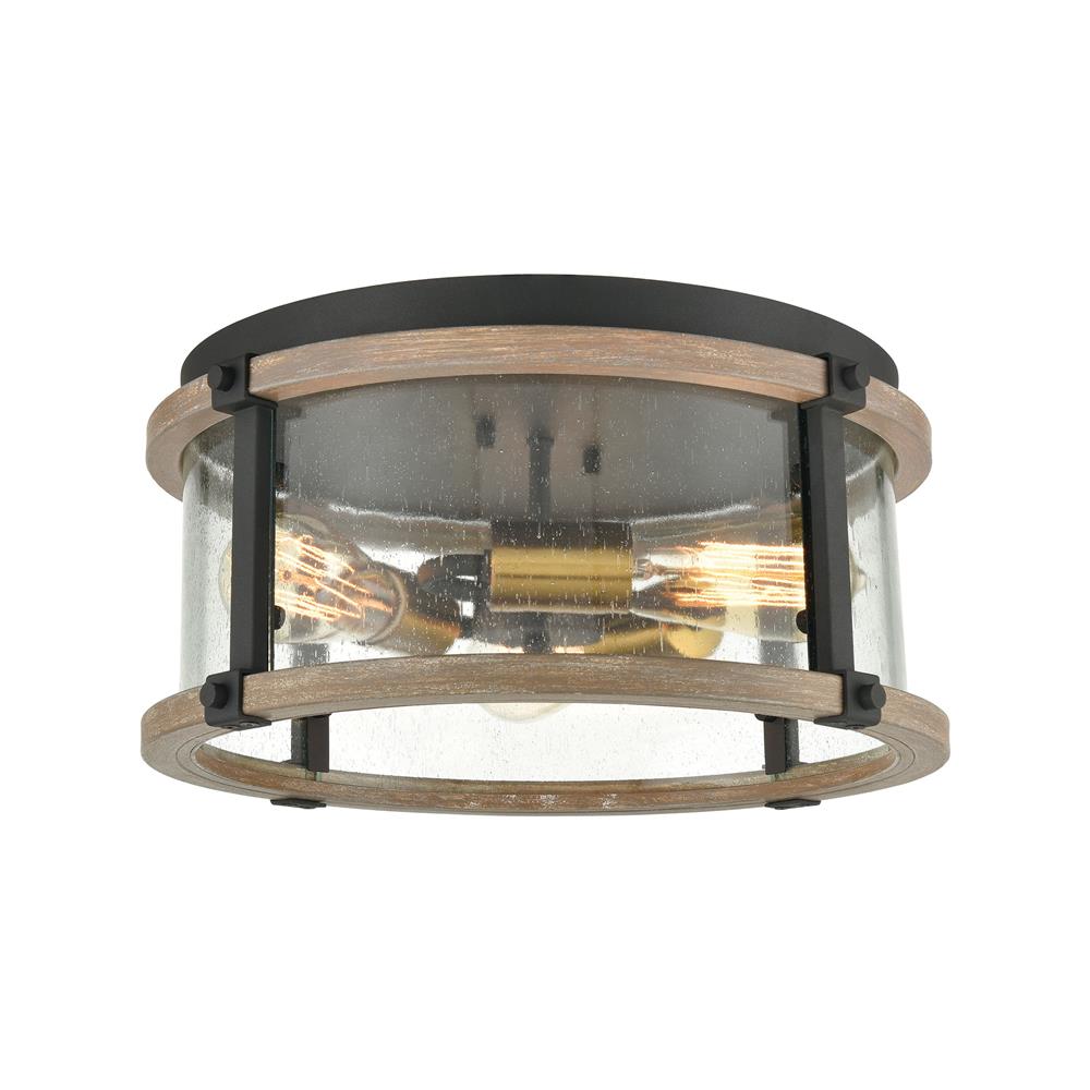 ELK Lighting 47285/3 Geringer 3-Light Flush Mount in Charcoal and Beechwood with Seedy Glass Enclosure