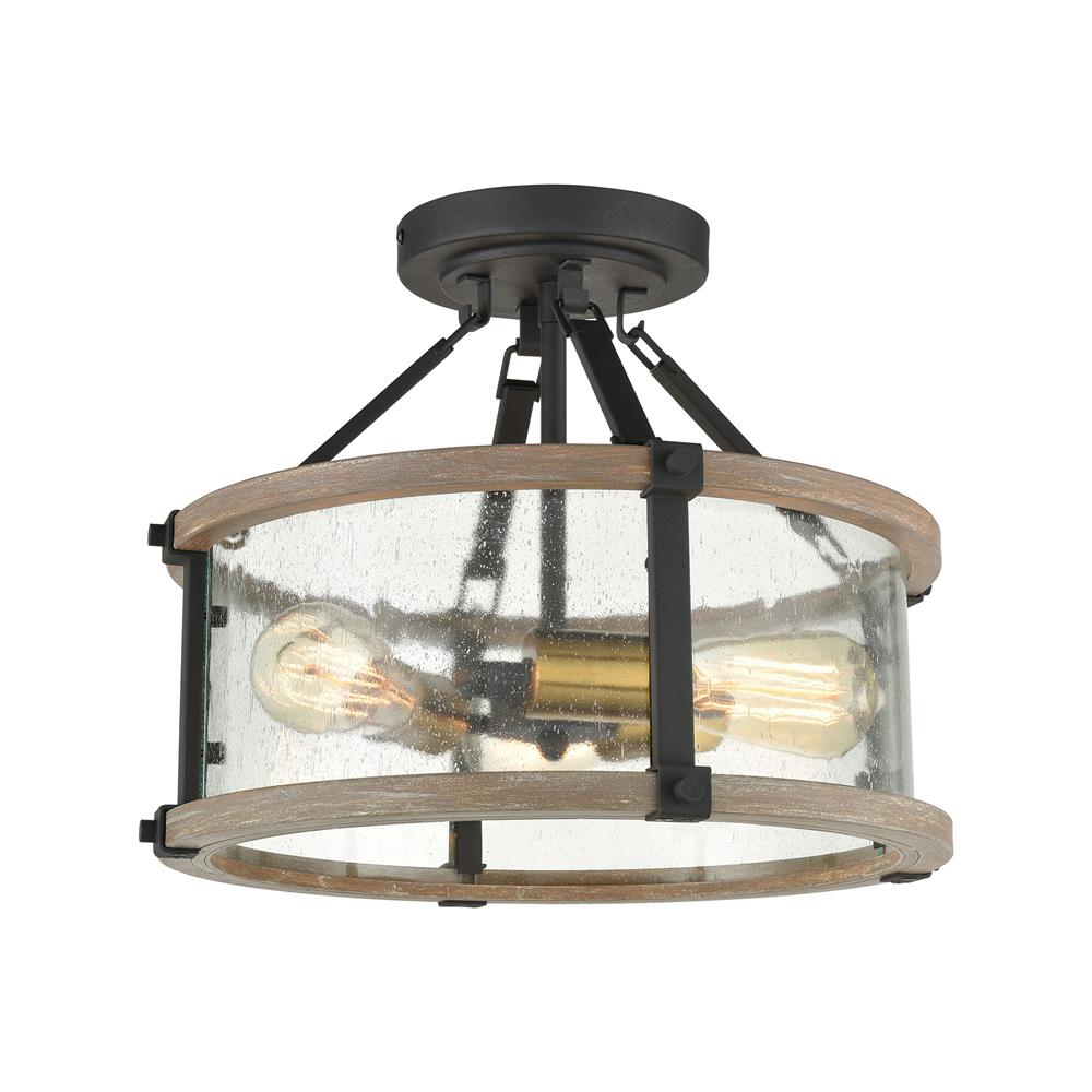 ELK Lighting 47286/3 Geringer 3-Light Semi Flush in Charcoal and Beechwood with Seedy Glass Enclosure
