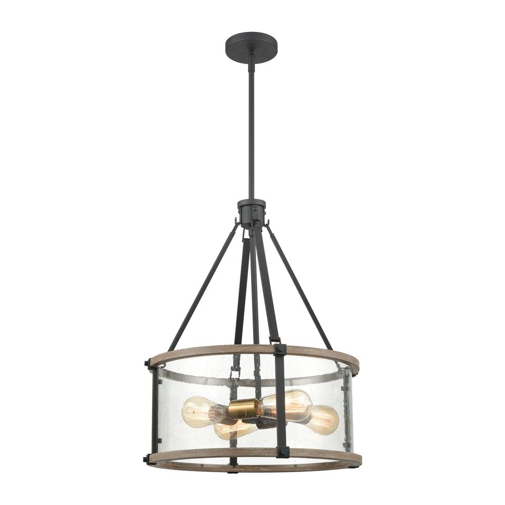 ELK Lighting 47288/4 Geringer 4-Light Pendant in Charcoal and Beechwood with Seedy Glass Enclosure