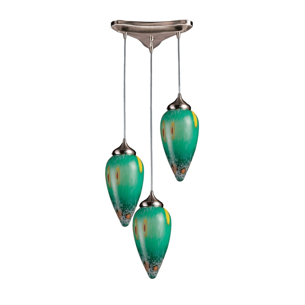 ELK Lighting 503-3EM Lacrima Collection 3 Light Triangle Pan Emerald Glass in Dark Rust