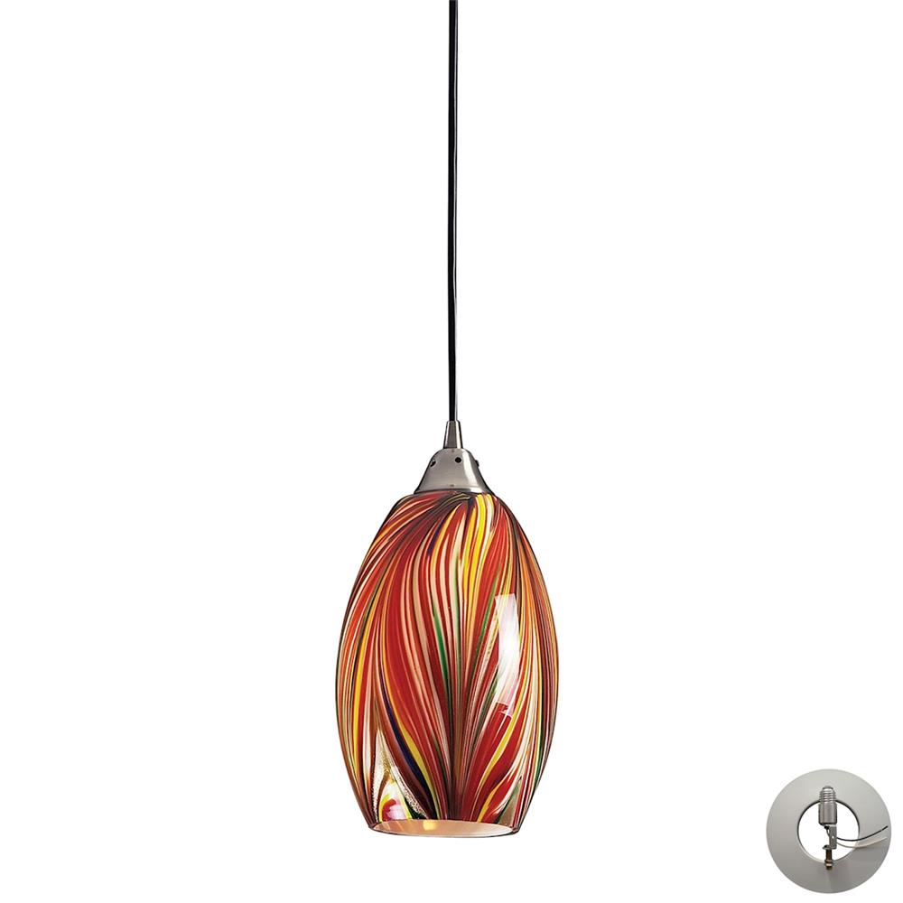 ELK Lighting 517-1M-LA 1 Light Pendant In Satin Nickel With Multi Colors Swirled Glass With Adapter Kit