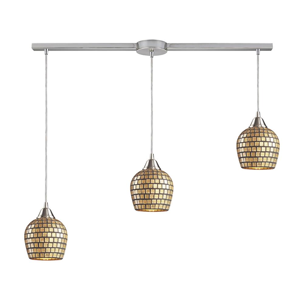 ELK Lighting 528-3L-GLD 3 Light Linear Pendant In Satin Nickel And Gold Mosaic Glass