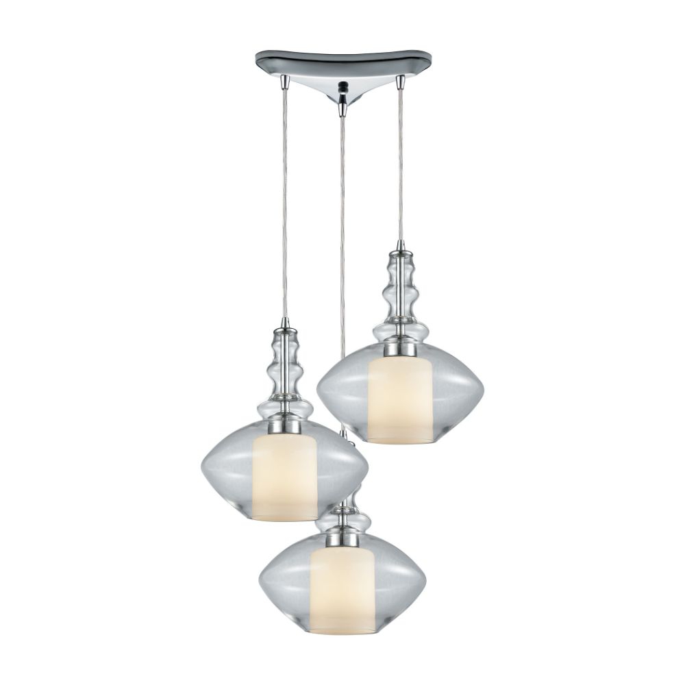 ELK Lighting 56500/3 Alora 3 Light Triangle Pan Pendant In Polished Chrome With Opal White Glass Inside Clear Glass