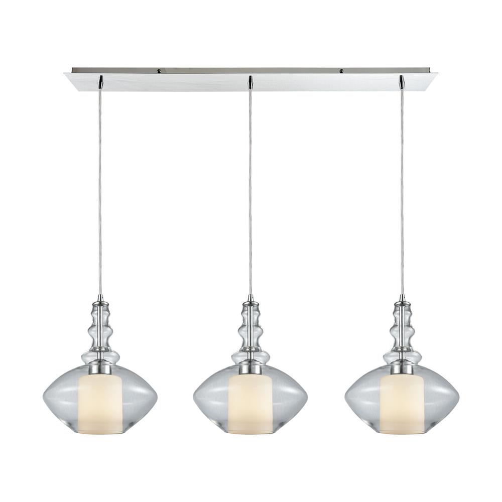 ELK Lighting 56500/3LP Alora 3 Light Linear Pan Pendant In Polished Chrome With Opal White Glass Inside Clear Glass