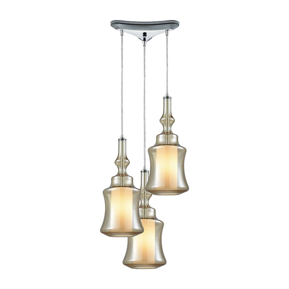 ELK Lighting 56502/3 Alora 3 Light Triangle Pan Pendant In Polished Chrome With Opal White Glass Inside Champagne Plated Glass