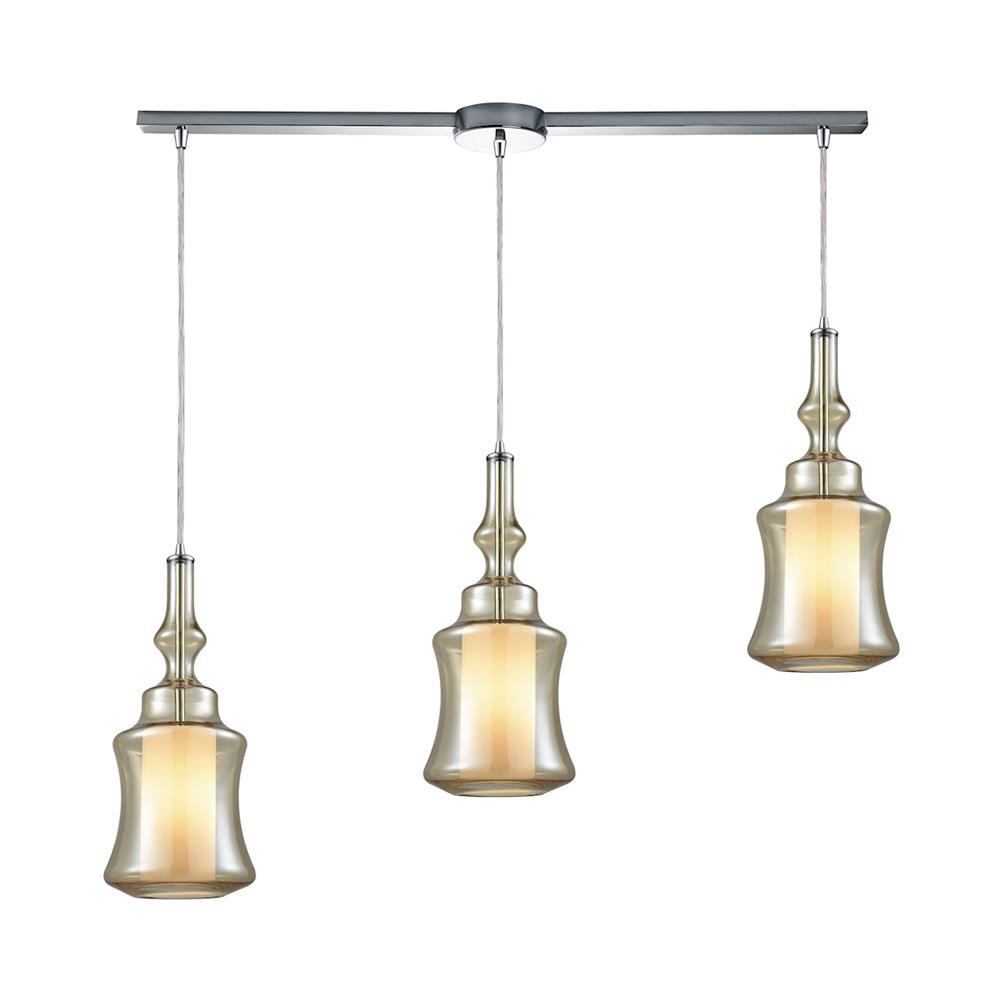 ELK Lighting 56502/3L Alora 3 Light Linear Bar Pendant In Polished Chrome With Opal White Glass Inside Champagne Plated Glass