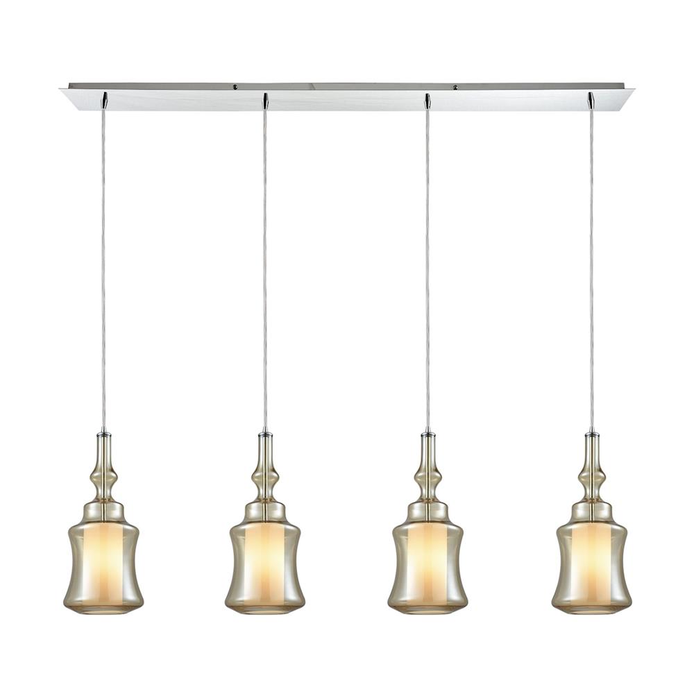 ELK Lighting 56502/4LP Alora 4 Light Linear Pan Pendant In Polished Chrome With Opal White Glass Inside Champagne Plated Glass