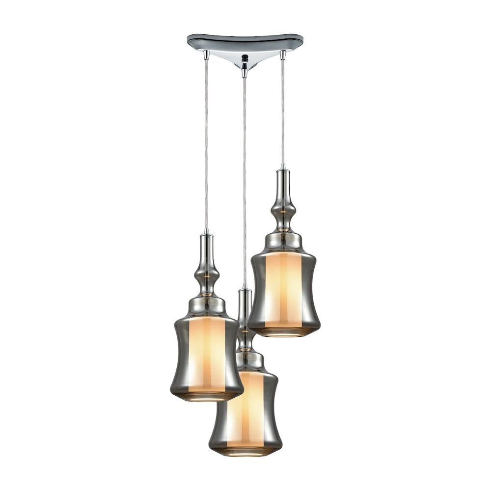 Elk Lighting 56503/3 Alora 3-Light Triangular Pendant Fixture in Chrome with Smoke-plated and Opal White Glass