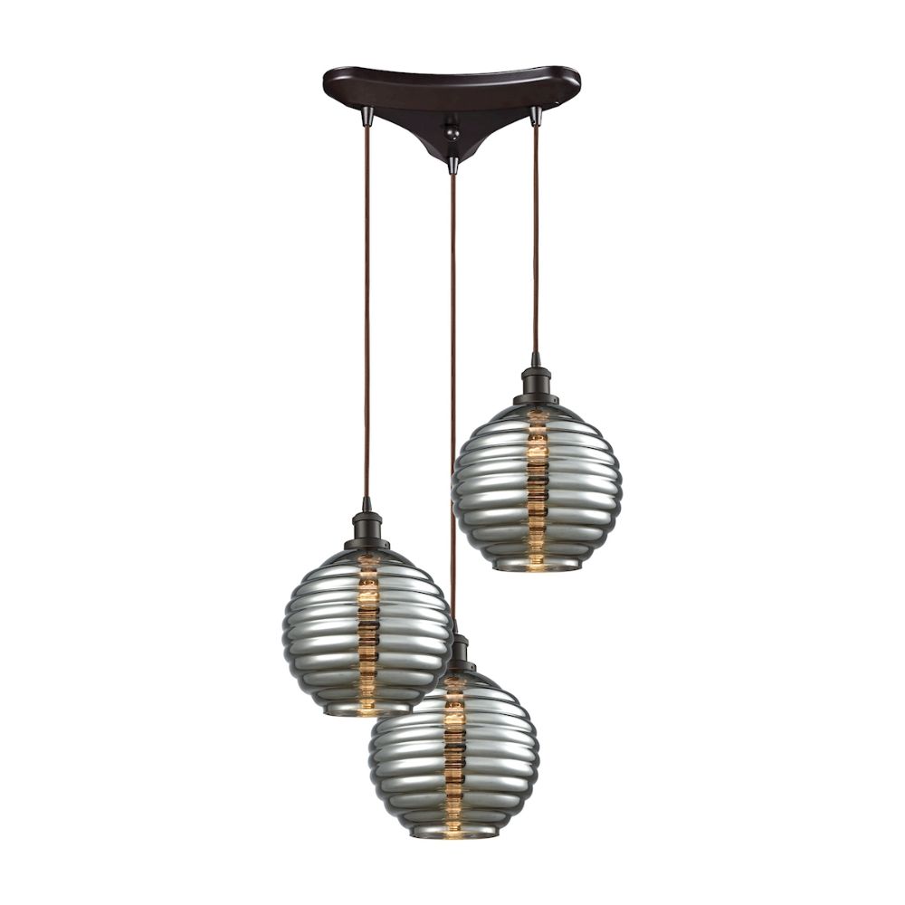 Elk Lighting 56550/3 Ridley 3-Light Triangle Pan Pendant in Oil Rubbed Bronze with Smoke Plated Beehive Glass