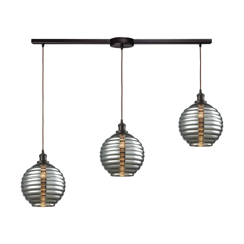 Elk Lighting 56550/3L Ridley 3-Light Linear Pendant Fixture in Oil Rubbed Bronze with Smoke-plated Beehive Glass