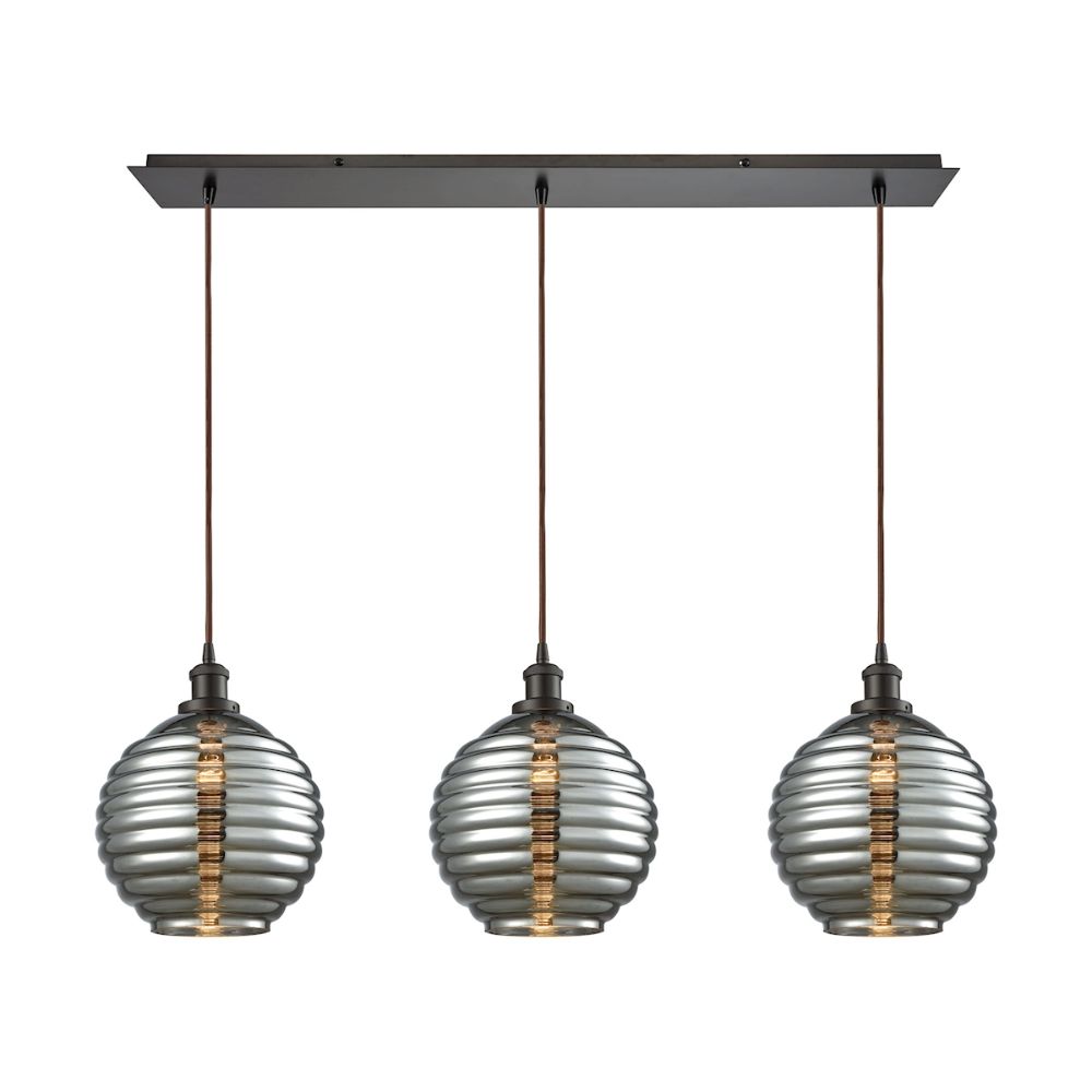 Elk Lighting 56550/3LP Ridley 3-Light Linear Pendant Fixture in Oil Rubbed Bronze with Smoke-plated Beehive Glass