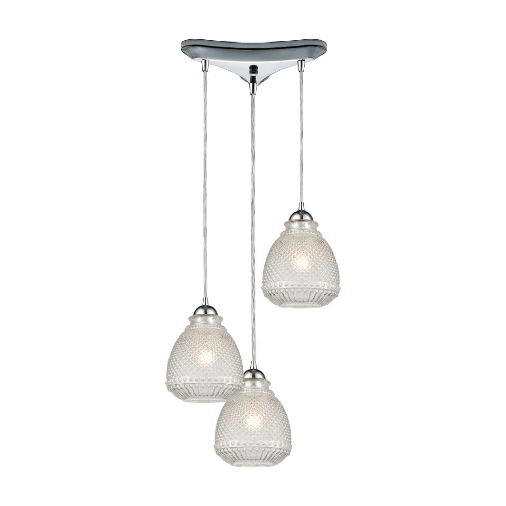 Elk Lighting 56590/3 Victoriana 3-Light Triangular Pendant Fixture in Polished Chrome with Clear Crosshatched Glass