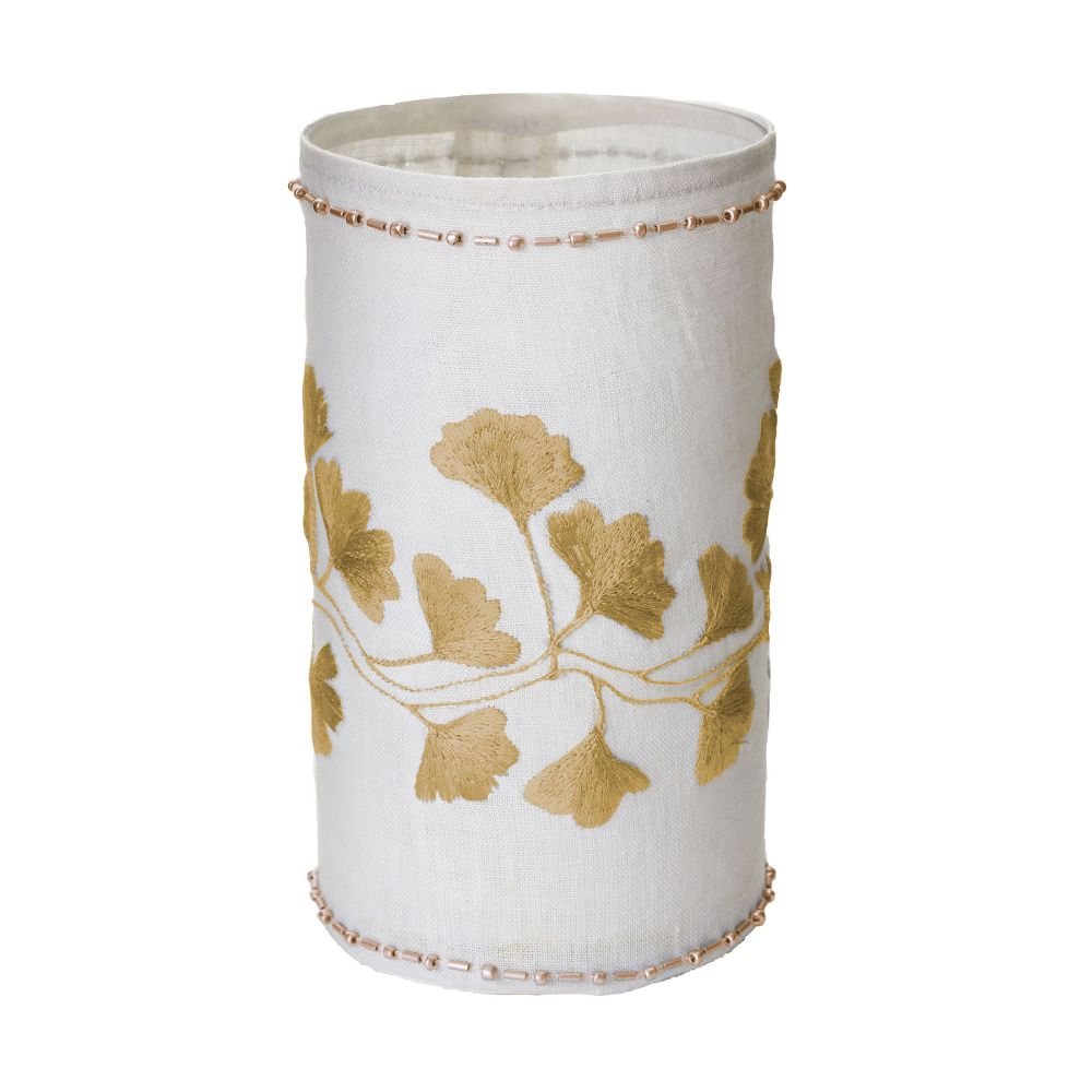 ELK Home 625039 Ginkgo Votive in White Linen with Gold Stitching and Glass Beads - Large
