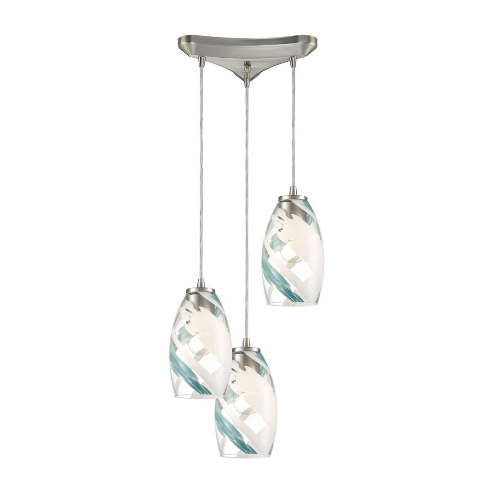 Elk Lighting 85211/3 Turbulence 3-Light Pendant in Satin Nickel with Clear Glass with Aqua Blue and White Swirls