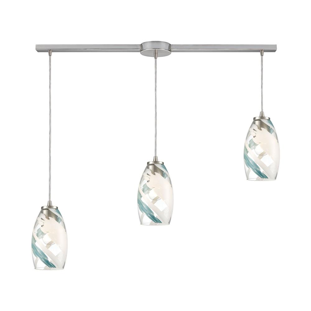 Elk Lighting 85211/3L Turbulence 3-Light Pendant in Satin Nickel with Clear Glass with Aqua Blue and White Swirls