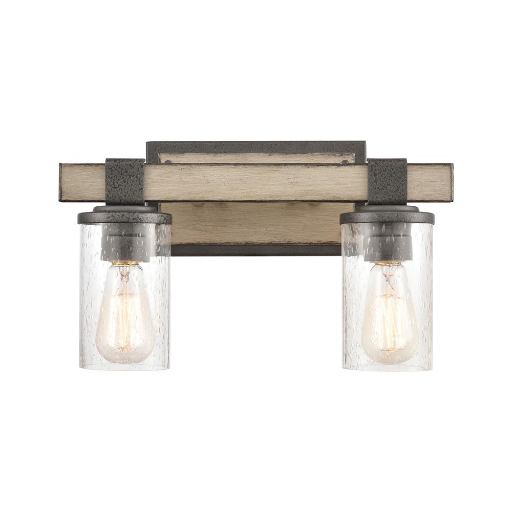 ELK Lighting 89141/2 Crenshaw 2-Light Vanity Light in Anvil Iron and Distressed Antique Graywood with Seedy Glass