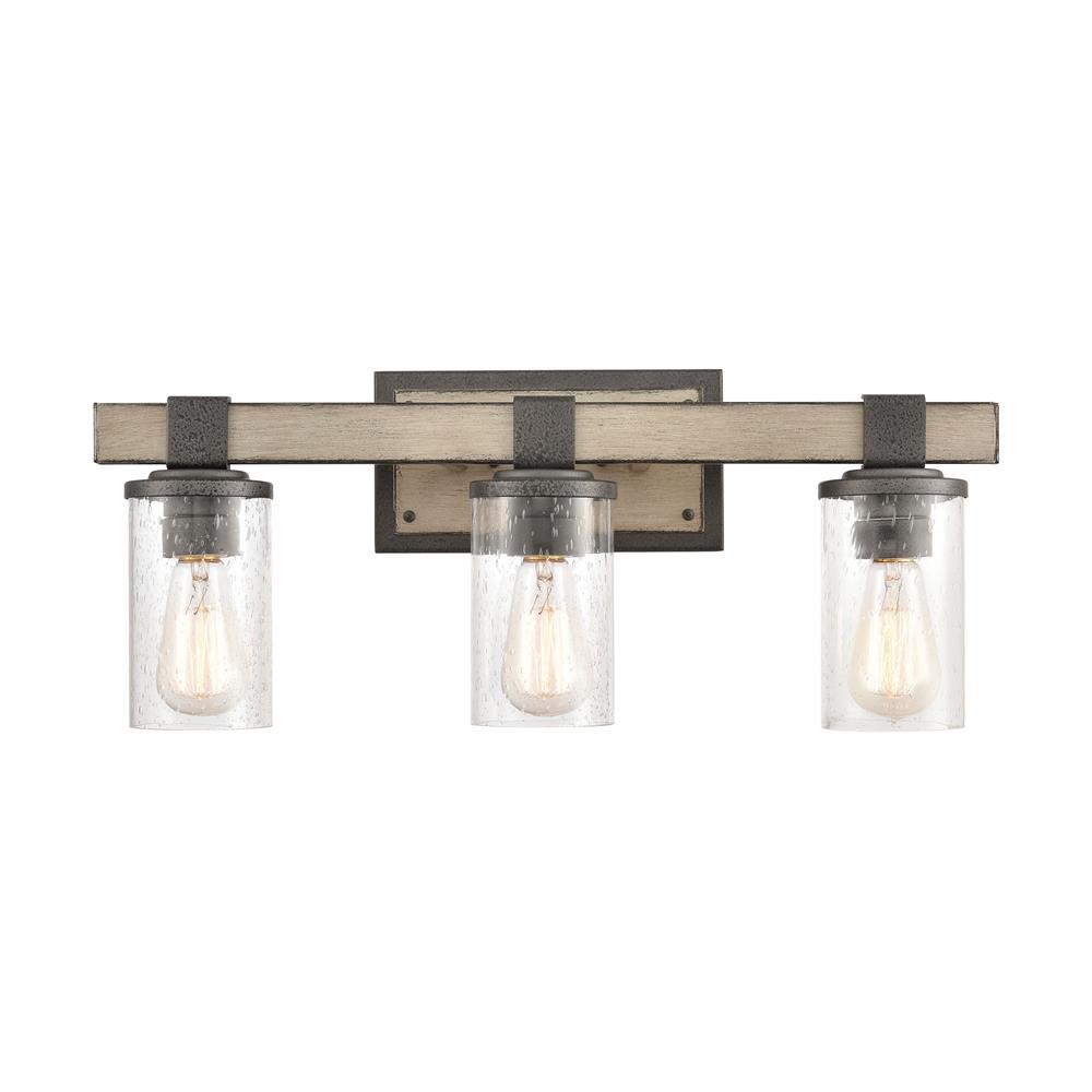 ELK Lighting 89142/3 Annenberg 3-Light Vanity Light in Anvil Iron and Distressed Antique Graywood with Seedy Glass