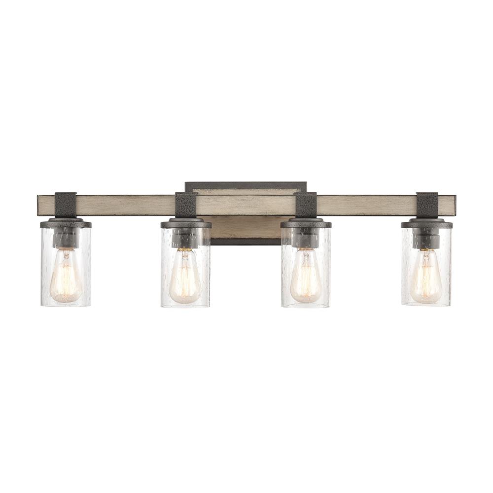 ELK Lighting 89143/4 Crenshaw 4-Light Vanity Light in Anvil Iron and Distressed Antique Graywood with Seedy Glass
