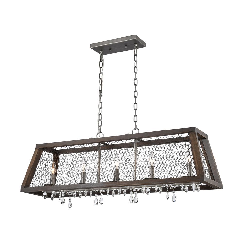 ELK Lighting D3998 Renaissance Invention 5-Light Island Light in Aged Wood and Wire - Linear in Aged Wood; Weathered Zinc; Clear Crystal