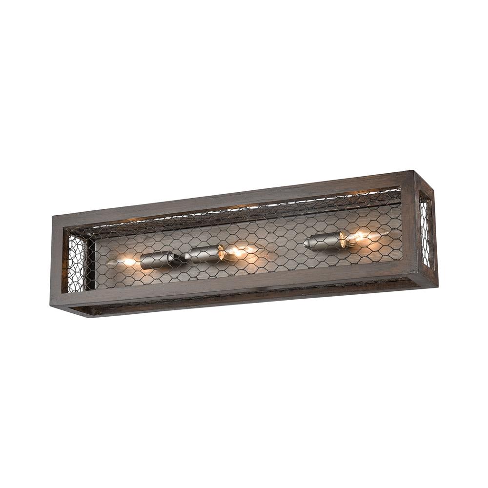 Elk Home D3999 Renaissance Invention 3-Light Wall Sconce in Aged Wood and Wire - Linear in Aged Wood; Weathered Zinc; Clear Crystal