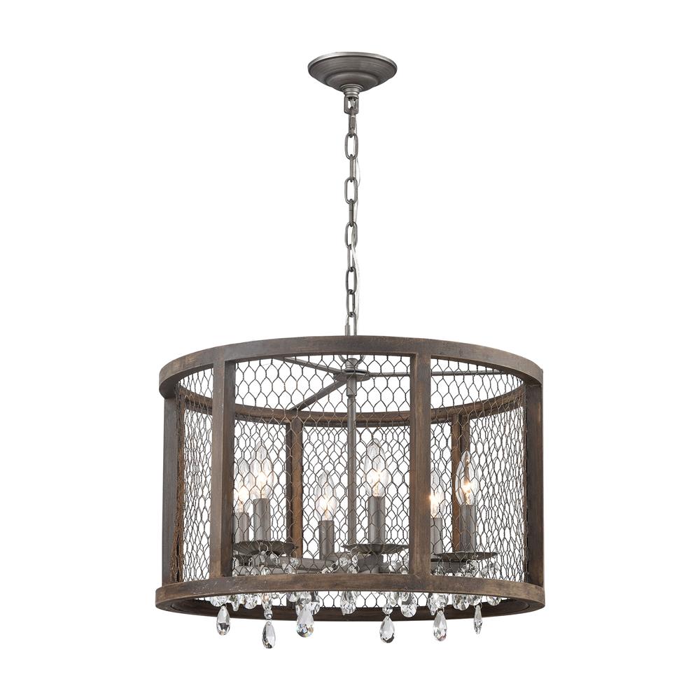 Elk Home D4004 Renaissance Invention 6-Light Chandelier in Aged Wood and Wire - Drum in Aged Wood; Weathered Zinc; Crystal