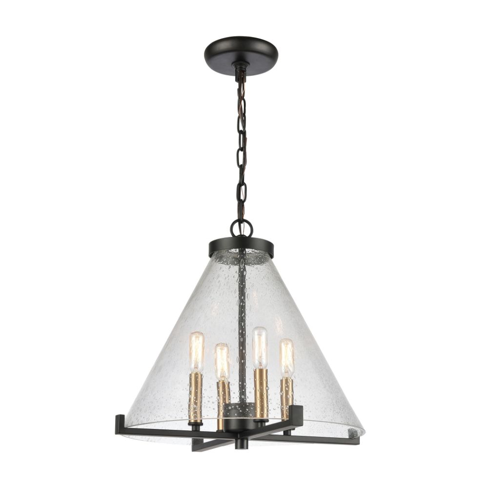 ELK Lighting D4437 The Holding 4-Light Pendant in Matte Black and Satin Brass with Clear Seeded Glass in Black
