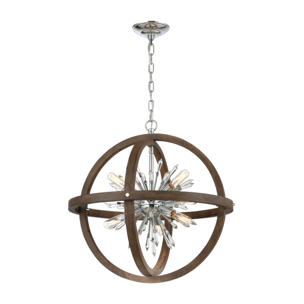ELK Home D4469 Morning Star 10-Light Chandelier in Aged Wood and Polished Chrome with Clear Crystal in Gray