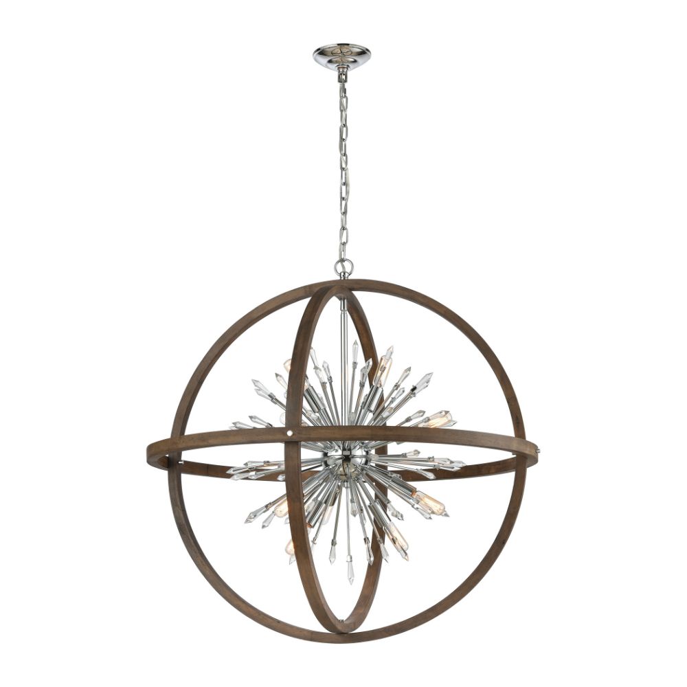 ELK Home D4470 Morning Star 6-Light Chandelier in Aged Wood and Polished Chrome with Clear Crystal in Gray