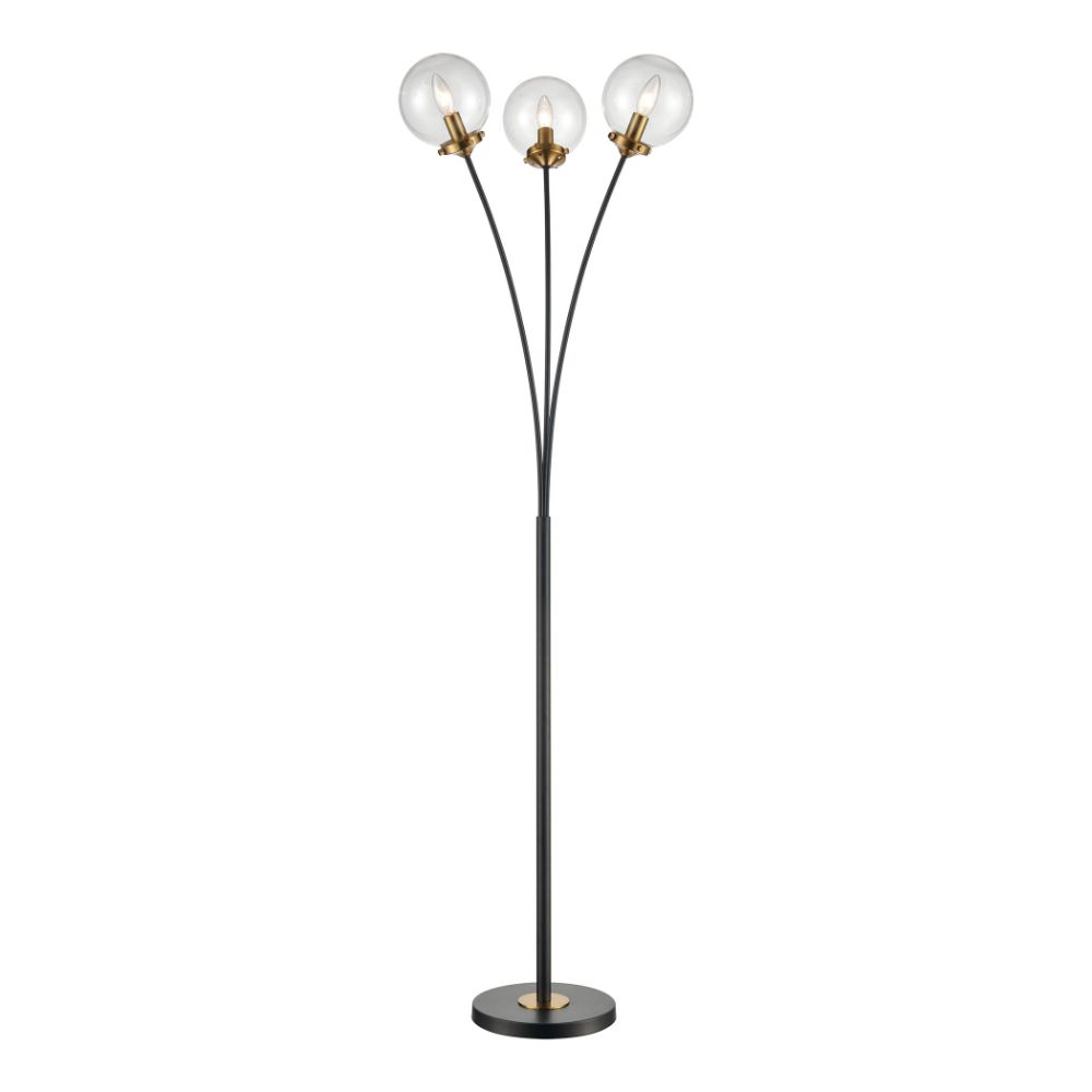 ELK Home D4481 Boudreaux 3-Light Floor Lamp in Burnished Brass and Matte Black with Mouth-blown Clear Glass Orbs in Black
