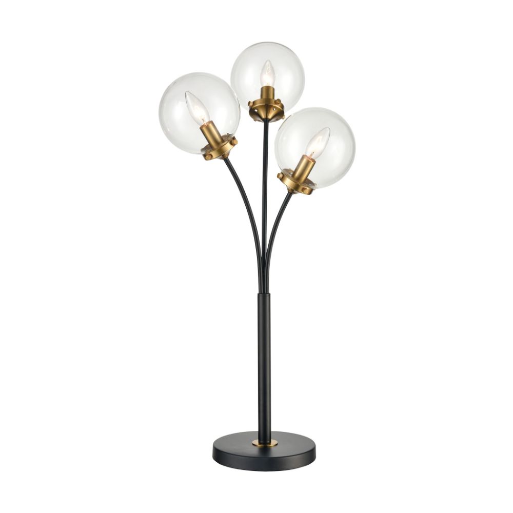 ELK Home D4482 Boudreaux 3-Light Table Lamp in Burnished Brass and Matte Black with Mouth-blown Clear Glass Orbs in Black