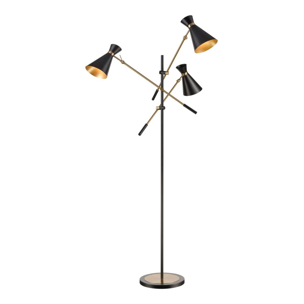 ELK Lighting D4520 Chiron 3-Light Adjustable Floor Lamp in Black and Aged Brass with Black Metal Shades in Black